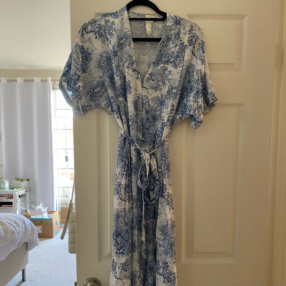 White and blue floral button front maxi dress